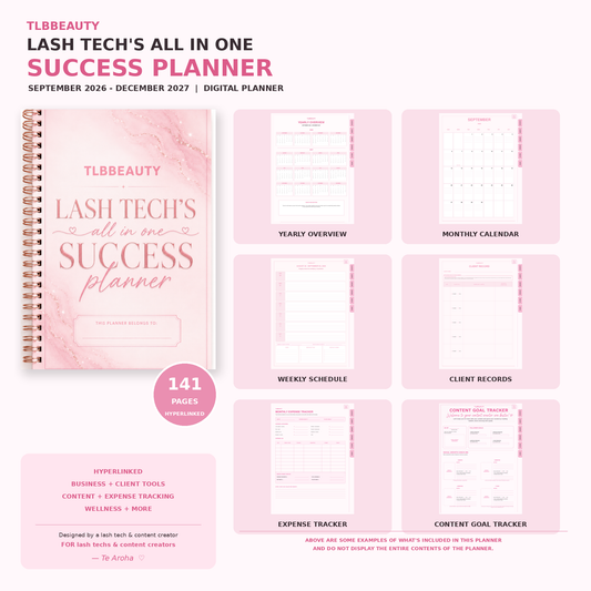 TLB September2026-December2027 Digital SUCCESS Planner for Lash Techs/Content Creators
